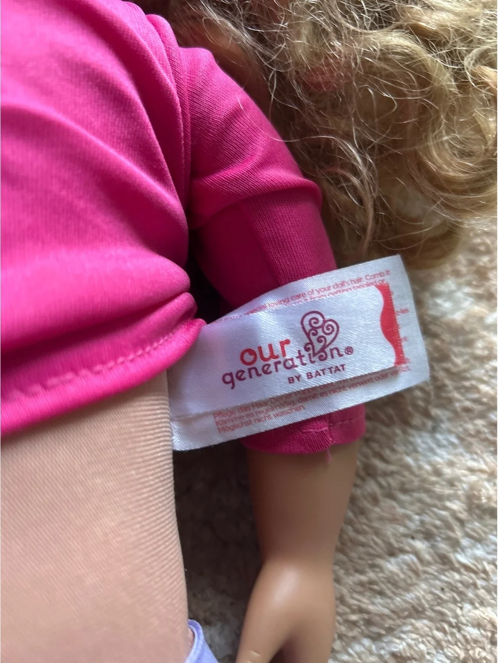 Our Generation Blonde Curly Hair Doll with Pink Top and Purple Pants